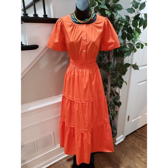 STACCATO Women's Orange Pleated Button Front Short Sleeve Long Maxi Dress Medium - Picture 16 of 16